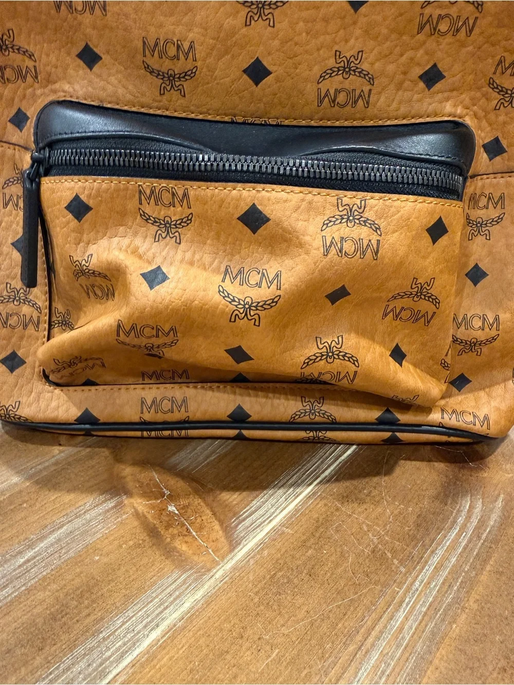 MCM Small Stark Visetos Backpack Cognac Black Leather Women's Designer Bag